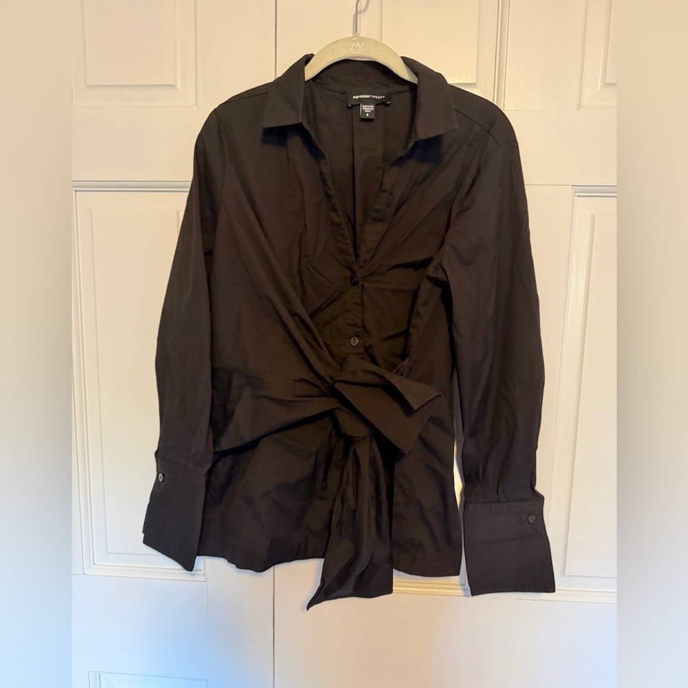 Fifteen Twenty Black Wrap Tie Blouse Women's Small Long Sleeve Collared Top
